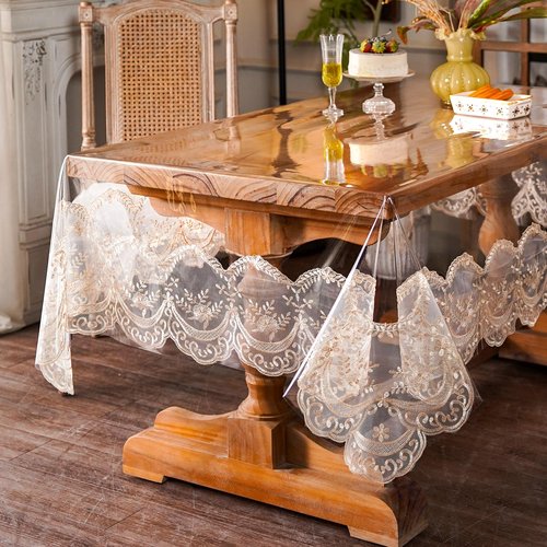 ARTABLE Vinyl PVC Rectangle Tablecloth Waterproof Clear Table Cover with Champagne Lace Macrame Border for Wedding Kitchen Home Outdoor Indoor Holidays Party Decor (Champagne-1, 60 x 104 Inch)