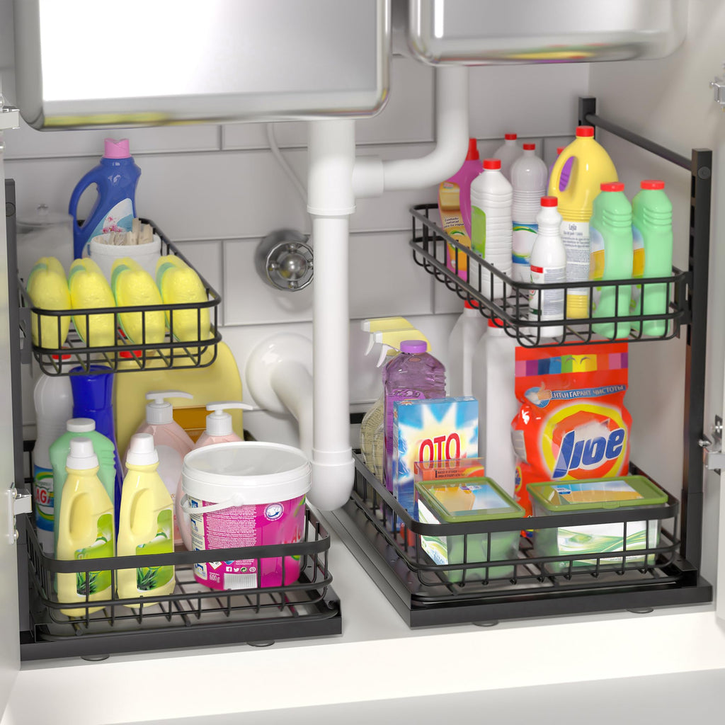 Uninol Under Sink Organizer, Adjustable Height Pull-Out Kitchen Storage Organization,15.8" x 11.8" x 16.5", 2-Tier Kitchen Shelf, Bathroom Drawer Organizer, 2 Pack|Black