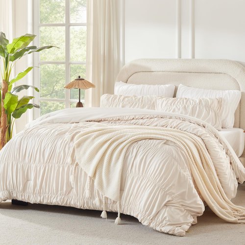Andency Ruched Beige Queen Comforter Set, Shabby Chic Pleated Bedding Sets 3 Pieces, Lightweight Soft Boho Ruffle Bed Set for Girls, Kids, Women, All Season