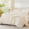 Andency Ruched Beige Queen Comforter Set, Shabby Chic Pleated Bedding Sets 3 Pieces, Lightweight Soft Boho Ruffle Bed Set for Girls, Kids, Women, All Season