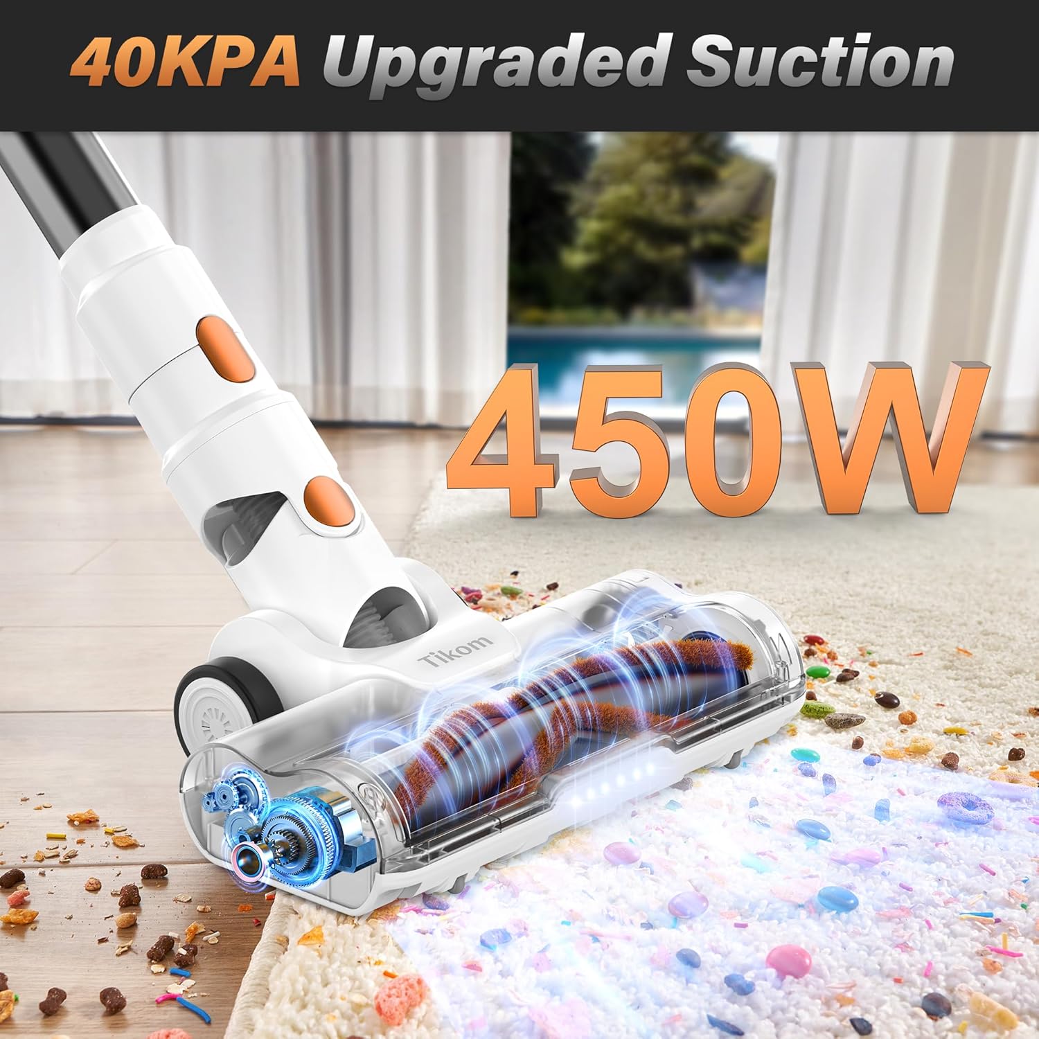 Tikom V500 Cordless Vacuum Cleaner - 40000Pa Suction Power, LED Touch Screen, Lightweight Design for Pet Hair & Hard Floors