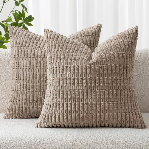 MIULEE Euro Sham Pillow Covers - Soft Boho Striped Corduroy | Set of 2, 24x24 Inch, Light Brown Home Decor