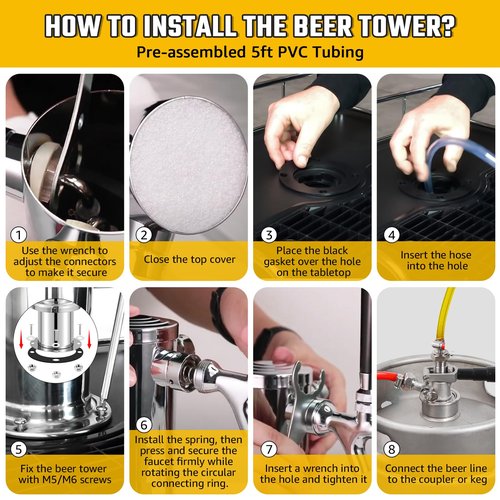 Hgkeke 3 Tap Beer Tower Stainless Core Beer Faucet Kegerator Tower Draft Beer Tap Tower Dispenser Pre-Installed Kegerator Tap Tower Kit with Self-Closing Spring Keg Tap Beer Brewing Kit