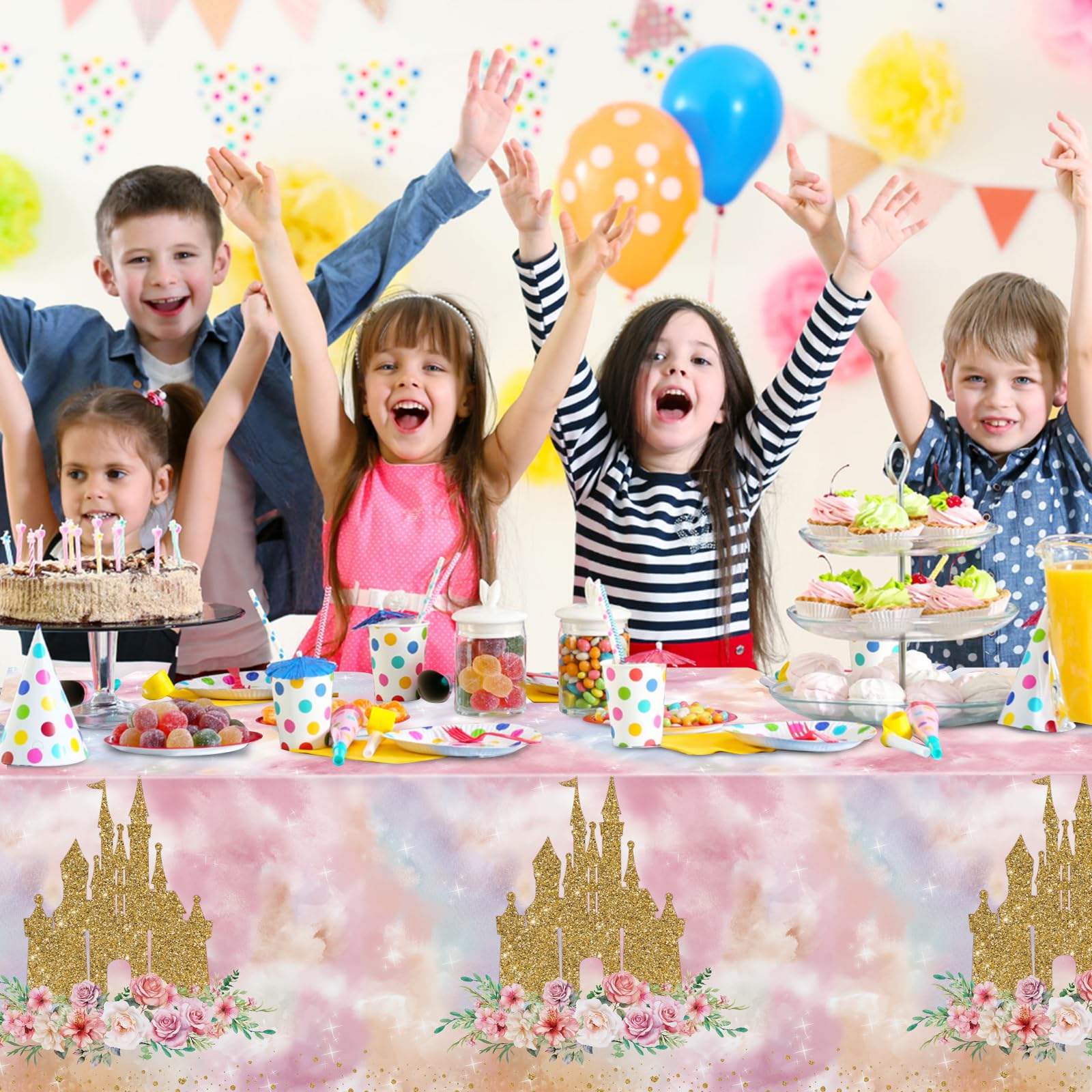 1 Pack Princess Tablecloths Birthday Decorations,Plastic Pink Rose Castle Table Cloth for Parties,Disposable Rectangle Floral Table Cover for Baby Shower Girls Birthday Party Supplies,54x108 Inch