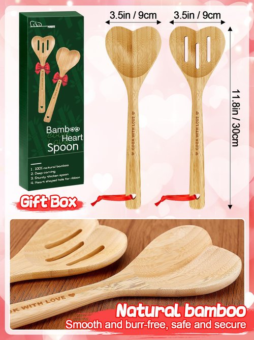 Bamboo Heart Shaped Spoon for Cooking - Wooden Cook with Love Spoon Kitchen Utensils, Valentines Mother's Day Gifts for Grandma Mom Couple Wife Hostesses House Warming, 2Pcs