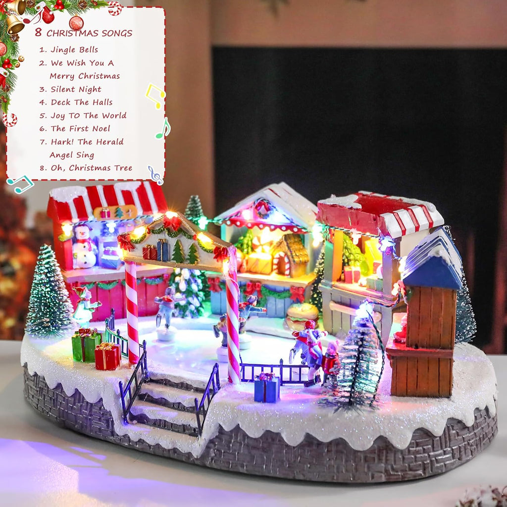 Bdor Christmas Market Village Scene - LED Lights & Music | 8.3 x 5.9 x 5.9 Inches Holiday Décor