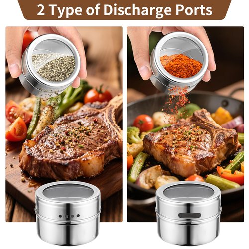 luqagol 12pcs Stainless Steel Spice Jars, Magnetic Condiment Tins Magnetic Spice Jar With Clear Lid And Holes Sift&Pour - Easy To Clean