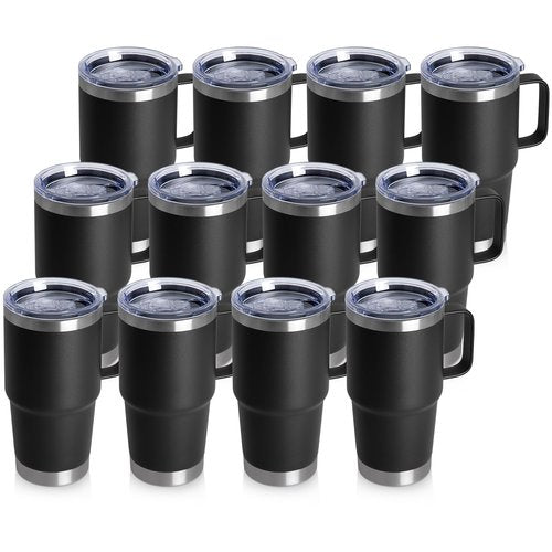 20oz Tumbler Bulk with Lid, Stainless Steel Tumbler Bulk with Handle, Metal Insulated Travel Coffee Mug Set with Handle, Double Wall Vacuum Leak Proof Tumbler Cup, Black 12 Pack