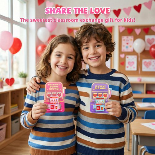 Gocozer Valentines Day Cards for Kids School – 28 Pack Mini Slot Machine Toys with Valentines Greeting Cards, Classroom Exchange Valentines Gifts, Bulk Set for School Valentines Party