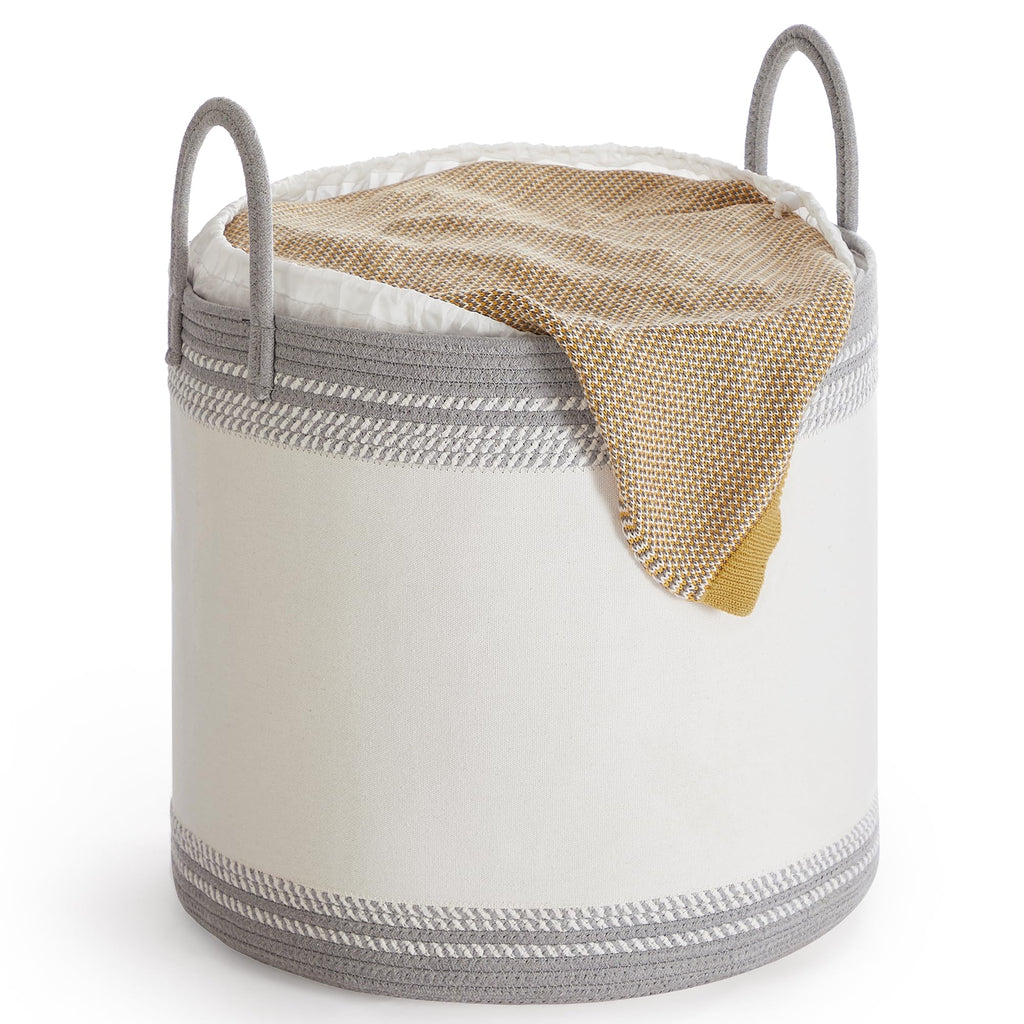SONGMICS Laundry Hamper, Cotton Rope Laundry Basket with Handles, for Clothing, Living Room, Bedroom, 23.8 Gallons, 19.7 x 19.7 x 18.1 Inches, Cloud White and Dove Gray URLH090G01