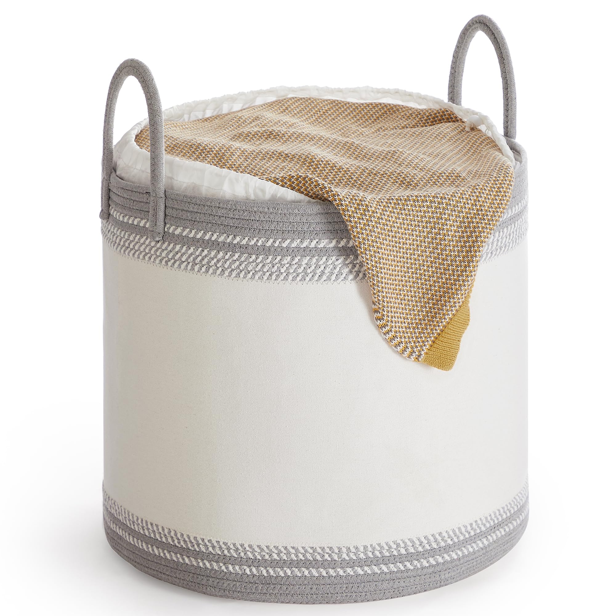 SONGMICS Laundry Hamper, Cotton Rope Laundry Basket with Handles, for Clothing, Living Room, Bedroom, 23.8 Gallons, 19.7 x 19.7 x 18.1 Inches, Cloud White and Dove Gray URLH090G01