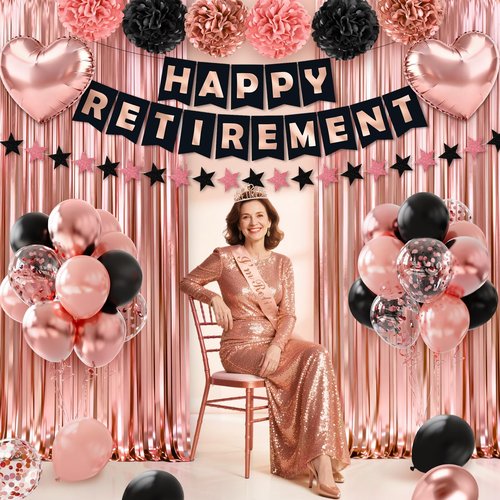 Retirement Party Decorations, 44Pcs Rose Gold Retirement Decorations for Women Include Happy Retirements Banner Retired Sash Crown Fringe Curtain & Foil Balloons for Women Retirements Decorations