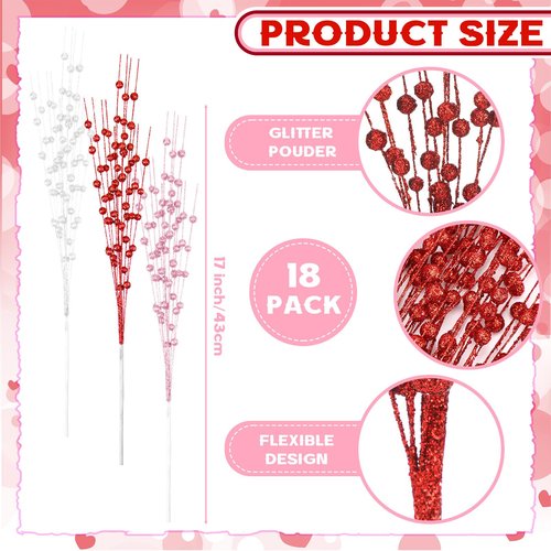 Wavwavw 18 Pcs Mother's Day Decoration Valentines Day Floral Picks Tree Decorations 17 Inch Red and Pink Glitter Berry Spray Picks Christmas Decor for Tree Wreaths Centerpieces Wedding Anniversary
