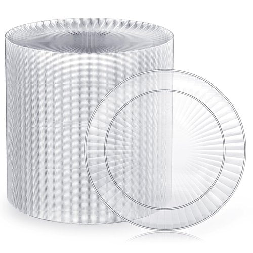 FOCUSLINE 100 Count Clear Plastic Plates 7 Inch, Disposable Heavy Duty Salad Dessert Plates- Premium Hard Plastic Plate Fancy Disposable Clear Plate for Weddings, Parties and Events