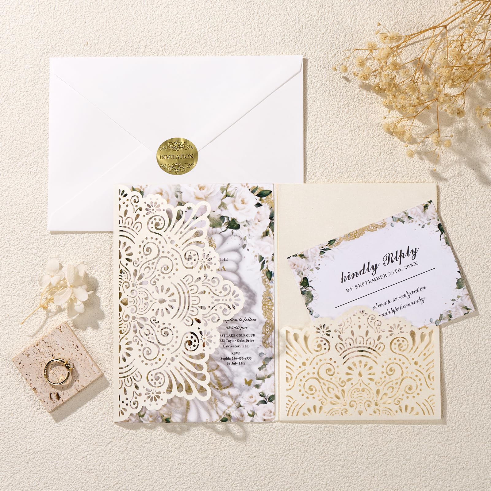 Mabbcoo 50PCS Custom Wedding Invitations with Envelopes and RSVP Cards, Blank Inner Sheets Party Invitation for Quinceanera Bridal Shower Birthday - Ivory