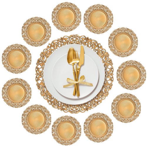 Foraineam Gold Charger Plates Set of 12, 13" Round Plastic Dinner Chargers, Decorative Hollowed Out Flowers Serving Plates for Table Setting, Catering, Wedding, Party, Event