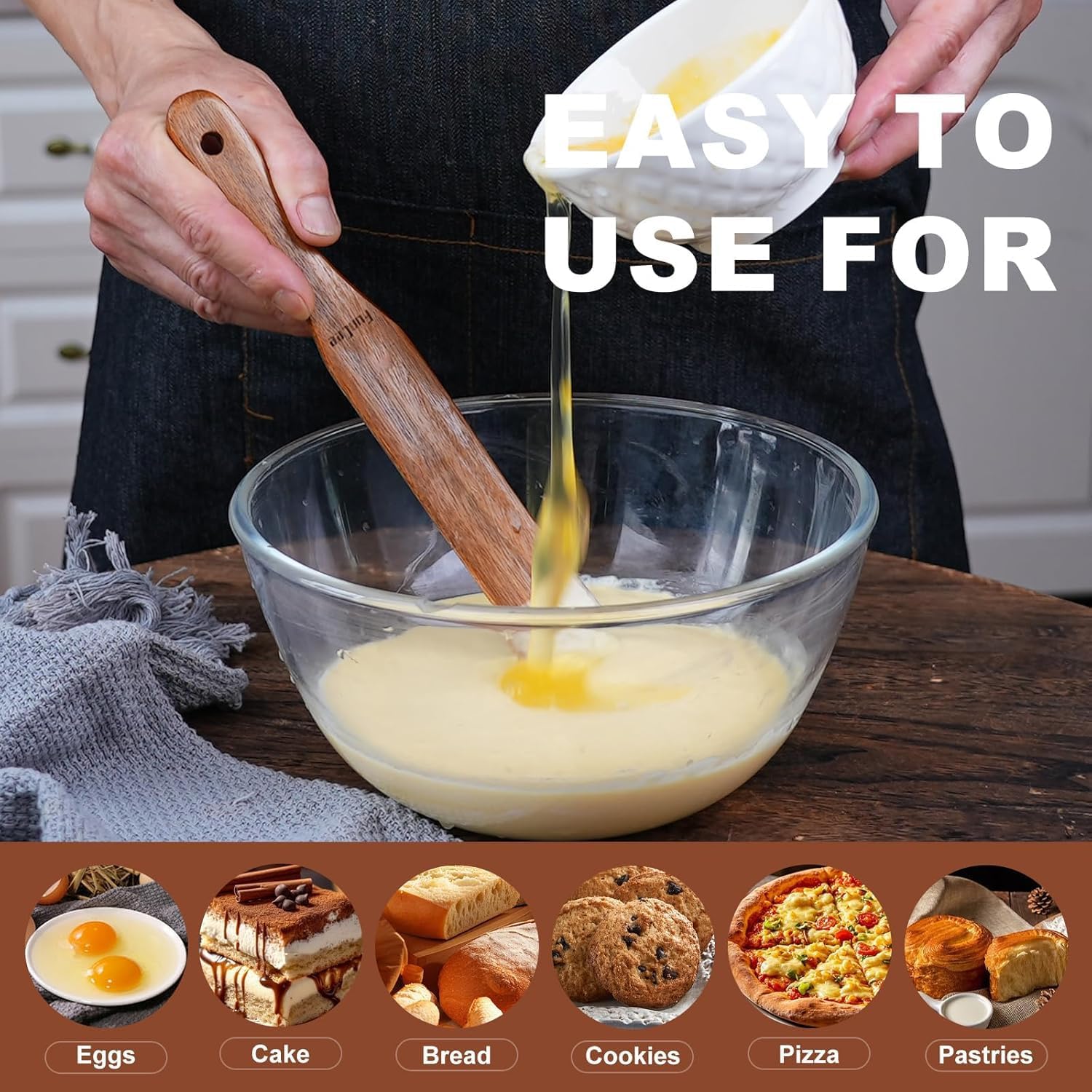 Skiennix Wooden Spurtle Set - 2 Pack Long Handle Kitchen Utensils for Sourdough & Mixing | Teak Wood
