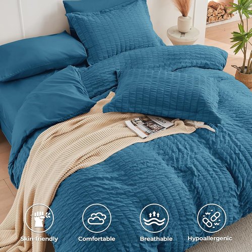 HYMOKEGE Twin Comforter Set - Teal Seersucker 5-Piece Luxury Bedding Set | All-Season Comforter, Sheets & Pillowcase