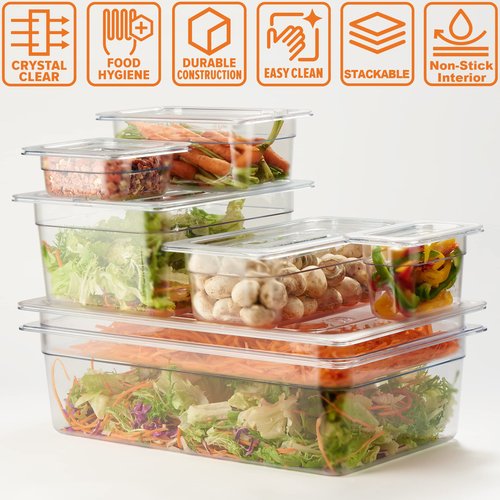 CURTA 6-Pack 1/2 Size 6" Deep NSF Polycarbonate Food Pans | Dishwasher & Freezer Safe Clear Container for Prep Tables, Buffet, Salad Bar, Commercial & Home Kitchen