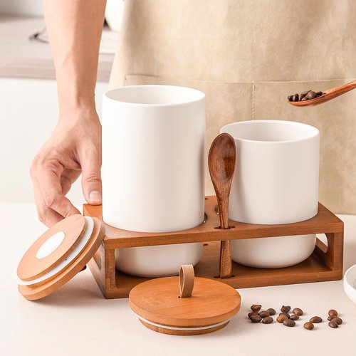 CoorFormer White Ceramic Canister Set of 2 with Bamboo Lids, Wooden Stand & Spoons – 35oz & 28oz Airtight Food Storage Jars for Coffee, Sugar, Tea, Kitchen Counter Organizer