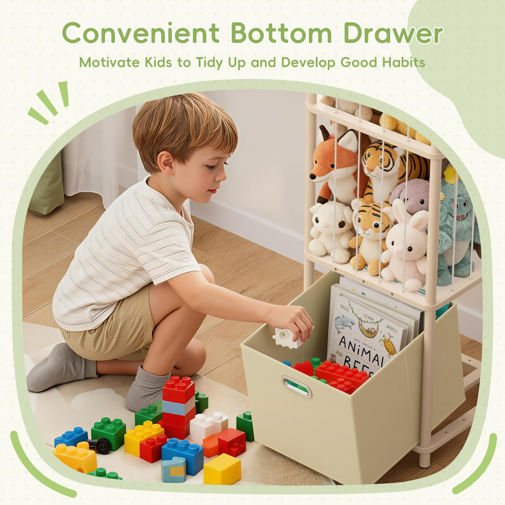Stuffed Animal Storage Organizer - Large Wooden Toy Organizer with Drawer for Nursery, Bedroom, Kidroom, Natural Pine Material, Space-Saving