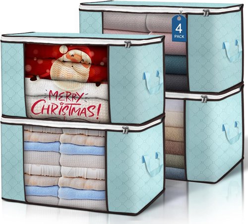 Budding Joy 90L Large Storage Bags - 4 Pack Foldable Closet Organizers for Clothes & Bedding | Blue