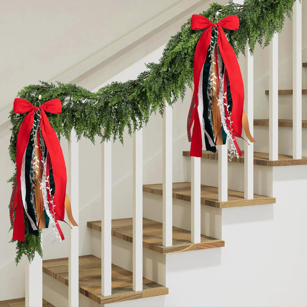 RunNico Christmas Ribbon Bow Set - 2 Pcs Assorted Clip-On Wreath Ribbons | 30'' x 20'' Red & Green Decor