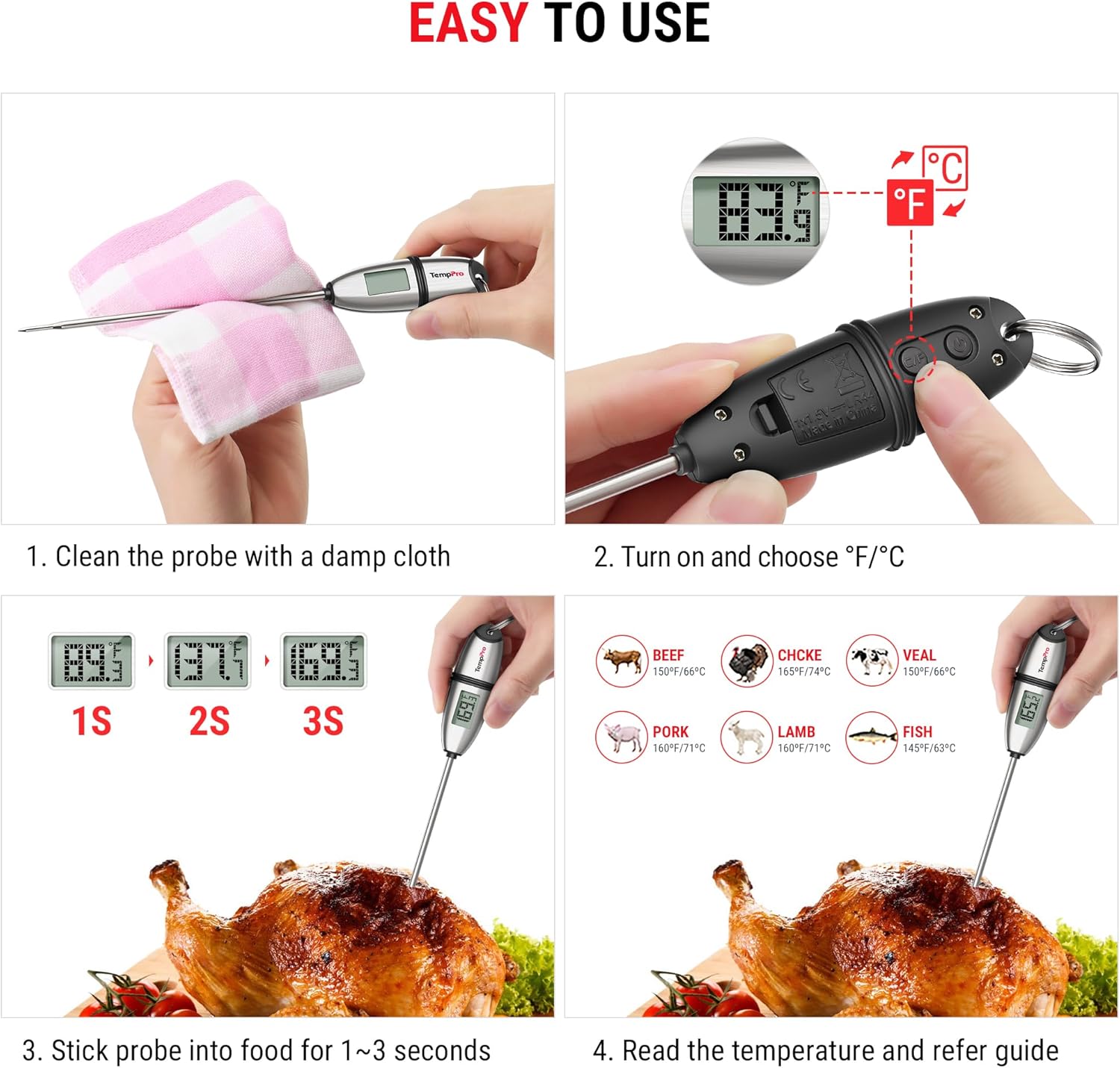 TempPro Digital Food Thermometer - Super Long Probe for Cooking, Baking, and BBQ | Ideal for Meat, Bread, and Candy