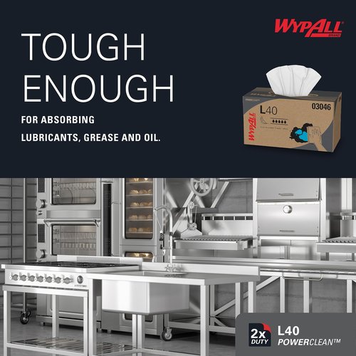 WypAll PowerClean L40 Cloths Extra Absorbent Wipes (03046), Pop-Up Box, Bulk Paper Wipers, White (9 Packs of 90 Sheets, 810 Sheet Total)