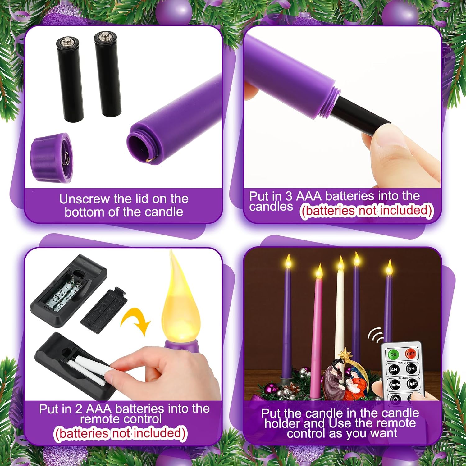 Tioncy 12-Inch Christmas Advent Wreath - Flameless Candle Holder with Remote Control & Berries Decor