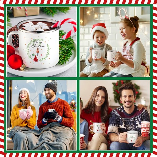 Mifoci 16 Pcs Christmas Enamel Coffee Mugs with Silver Rim - 12oz Xmas Hot Chocolate Mugs for Winter Gifts