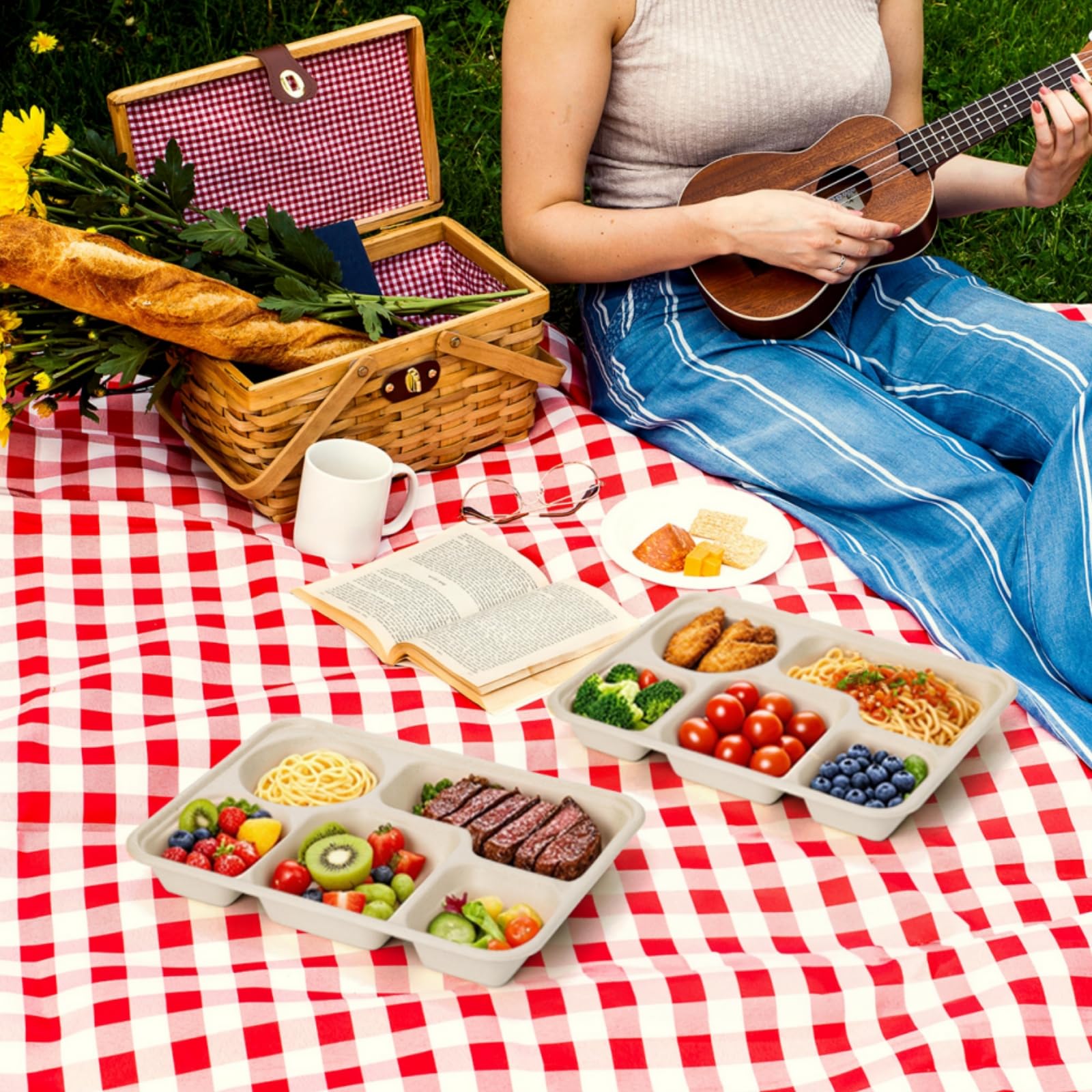 Hacaroa 50 Pack 5 Compartment Paper Plates Disposable, 11" x 8" Compostable Bagasse Plate School Lunch Trays, Biodegradable Divided Sugarcane Plates for Party, Picnic, Heavy Duty