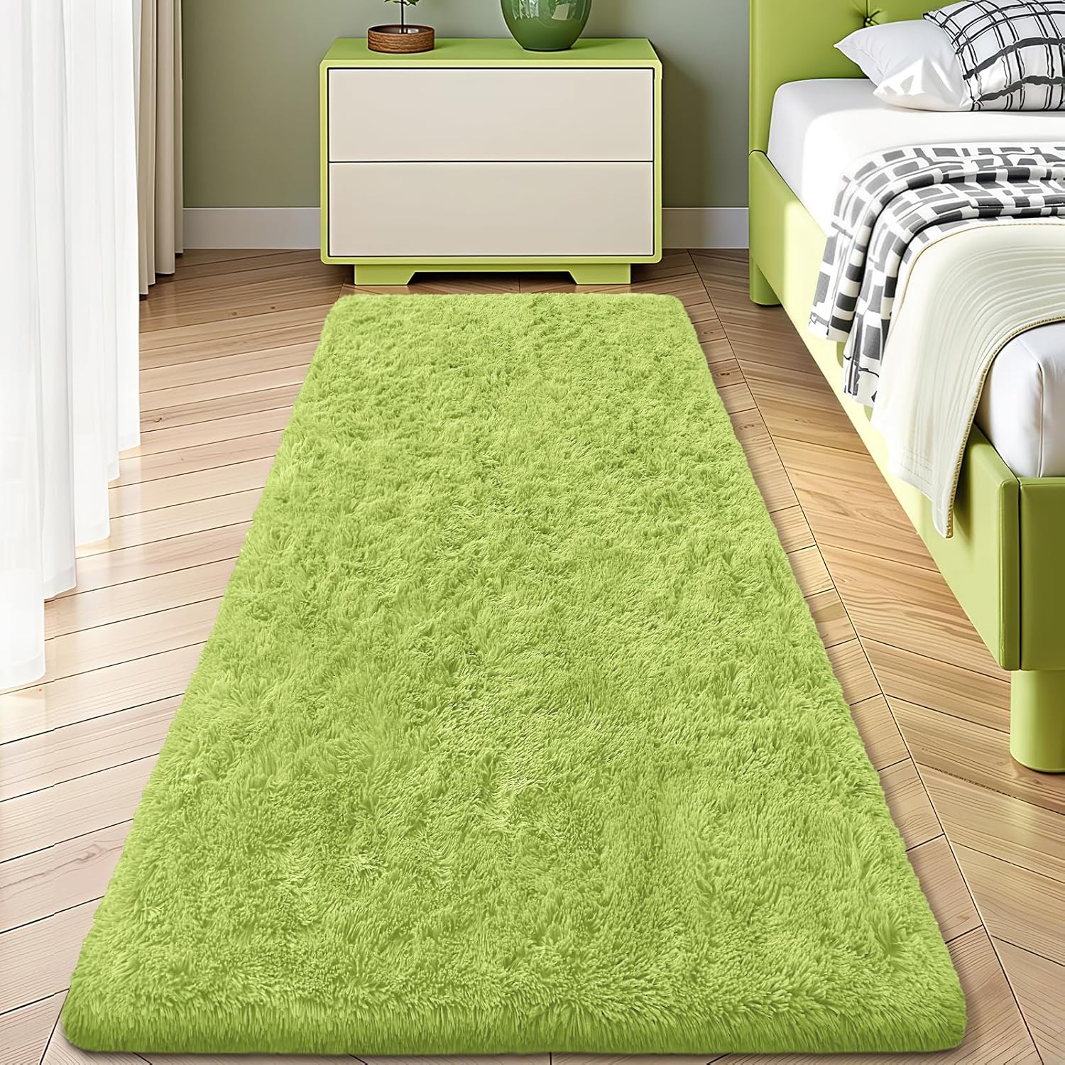 OLANLY Soft Fluffy Shaggy Runner Rugs - Machine Washable 2x8 for Hallway & Bedroom | Grass Green Decor