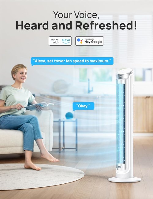 DREO Smart Tower Fan - Quiet 90° Oscillating Indoor Fan with Remote & Voice Control | 12H Timer, 26ft/s Velocity