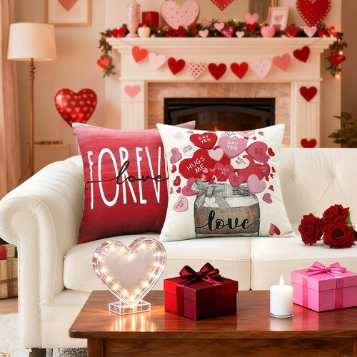 Artscope Valentine's Day Love Forever Throw Pillow Covers 18x18 Inch Set of 4, Valentine Wedding Red Pink Love Heart Decoration Pillow Cases for Home Sofa Couch