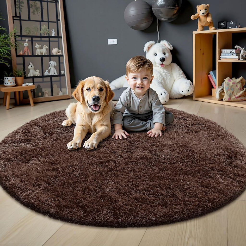 OLANLY Round Coffee Rugs - Soft, Fluffy Shag Area Rug, 5 ft Circle for Bedroom & Living Room Decor