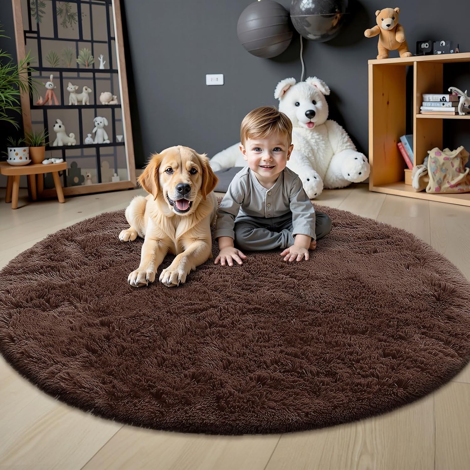 OLANLY Round Coffee Rugs - Soft, Fluffy Shag Area Rug, 5 ft Circle for Bedroom & Living Room Decor
