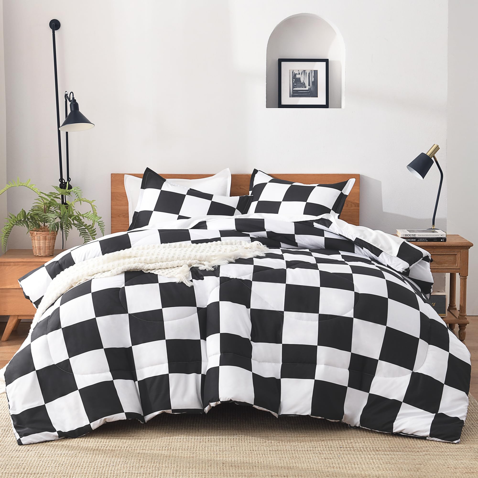 Andency Checkered Comforter Twin(66x90Inch), Black White Plaid Gingham Bed Set for Teen Boys Kids, Lightweight Polyester Geometric Preppy Bedding, 2 Pieces