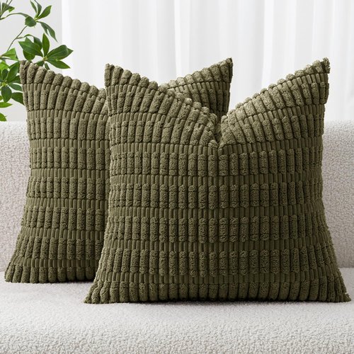 MIULEE Decorative Throw Pillow Covers - Soft Boho Striped Corduroy | Pack of 2, 18x18 Inch, Olive Green