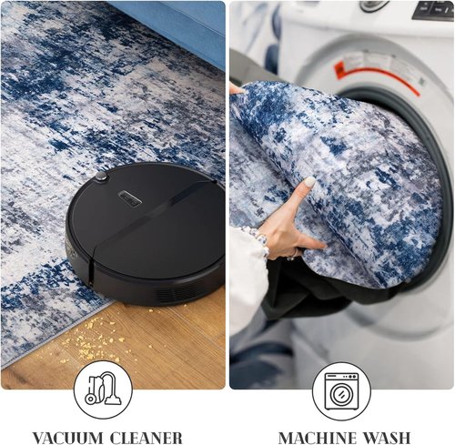 Lansny Modern Abstract Runner Rug - Washable Non-Slip 2x6 Grey Navy Blue Faux Wool Carpet for Home Decor