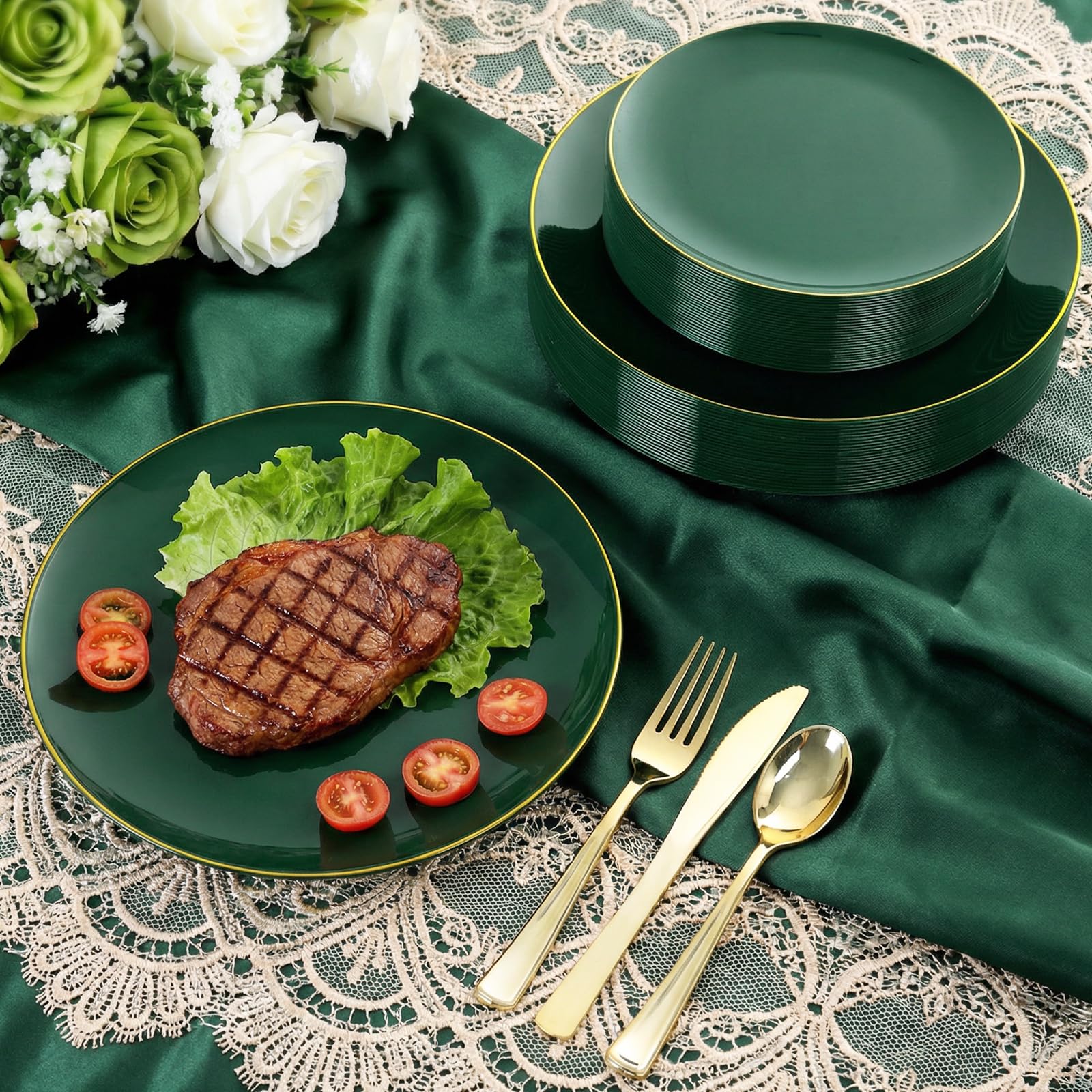 YOUBET 125PCS Green Plastic Plates - Green Disposable Plates With Gold Rim Include 25 Dinner Plate, 25 Dessert Plate, 75 Gold Plastic Silverware for Party Wedding