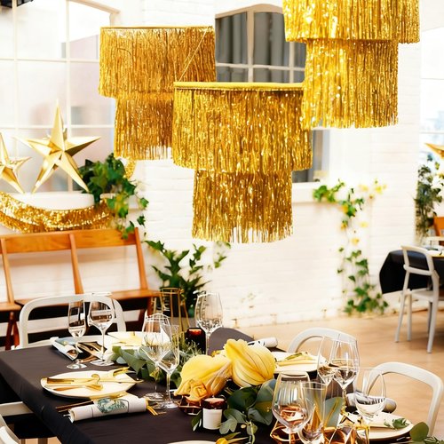Hahafelt 6 Pcs Graduation Party Decorations 1920s 2 Tier Tinsel Chandelier Foil Fringe Tassels Trim Shiny Hanging Ceiling Fringe Banners for 1920s Disco Birthday Grad Party Props(Gold)