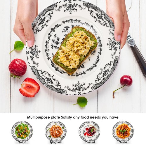 HomeElves Dinner Plates Set of 6, Ceramic Kitchen Plates Microwave Safe Plates, 10.5 Inch Porcelain Dinner Plates Floral, Black