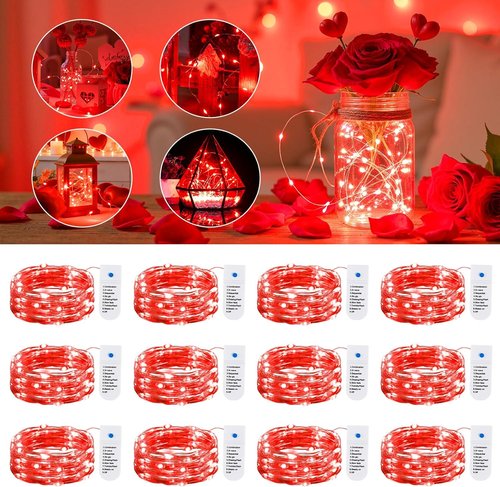 Minetom 12 Pack Red Christmas Lights - 7ft Battery Operated Fairy Lights | Waterproof Twinkle Lights for Valentine's Day