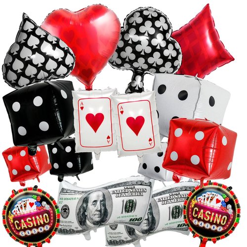 16 Pcs Casino Balloon Set, Jumbo Dice Balloon, Poker Card Balloons Heart, Diamond, Spade, Club, Dollar Sign Ballons, Game Night Ballons for Texas Poker Parties Decor, Las Vegas Themed Party Supplies