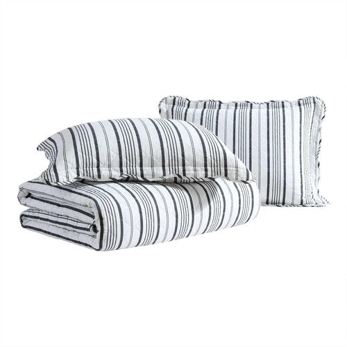 Laura Ashley - Quilt Set, Super Soft & Prewashed Bedding with Matching Shams, Modern Design with Scallop Edges, Cozy Home Essentials (Stripe Perfection Grey, Full/Queen)