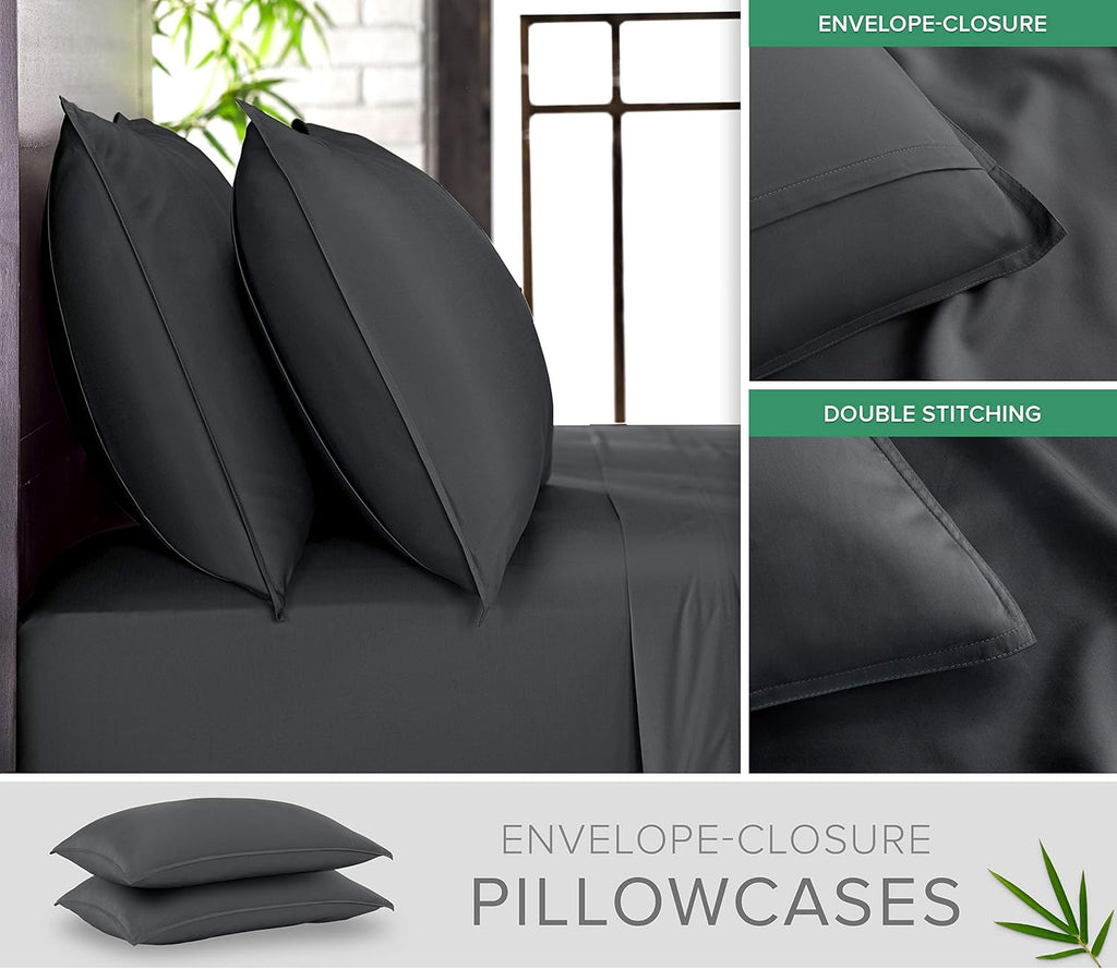Pure Bamboo Short Queen Sheets - 100% Organic Viscose, Soft & Cooling Bed Set (60"x75") | Charcoal Color, 2-Year Quality Promise