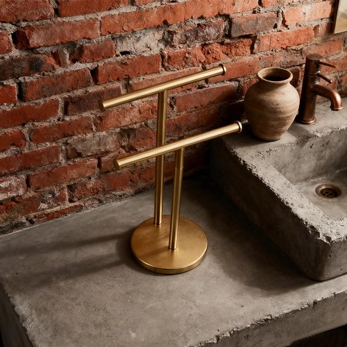 Hand Towel Holder, NEWRAIN Double Countertop Hand Towel Holder Stand, Stainless Steel Free Standing Hand Towel Rack with Heavy Base, for Bathroom Kitchen & Counter top, Brushed Gold