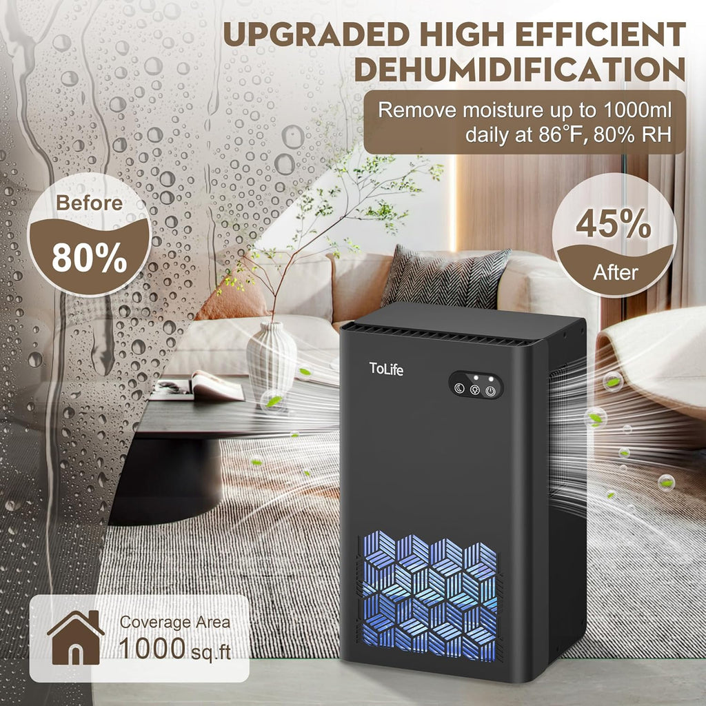 ToLife Dehumidifier - 1000 Sq.Ft. Home Dehumidifier with 95 OZ Water Tank & Auto Shut Off | Black