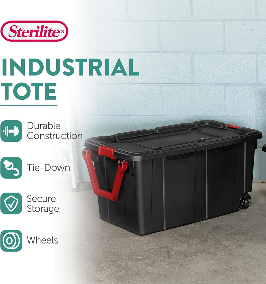 Sterilite Wheeled Tote - Durable 40 Gallon Storage Container - Black Color for Easy Organization